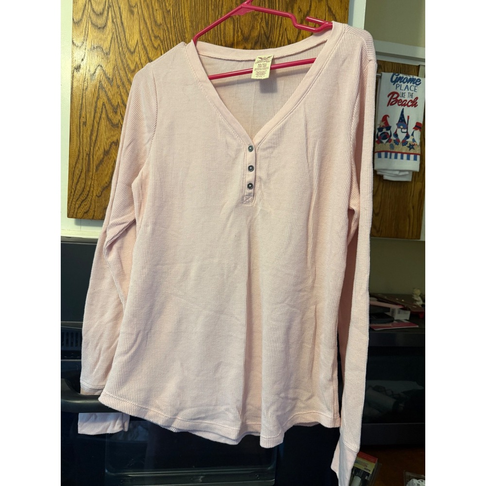 Faded Glory Womens XL Light Pink Waffle Knit Long Sleeve HenleyTop Thermal Shirt